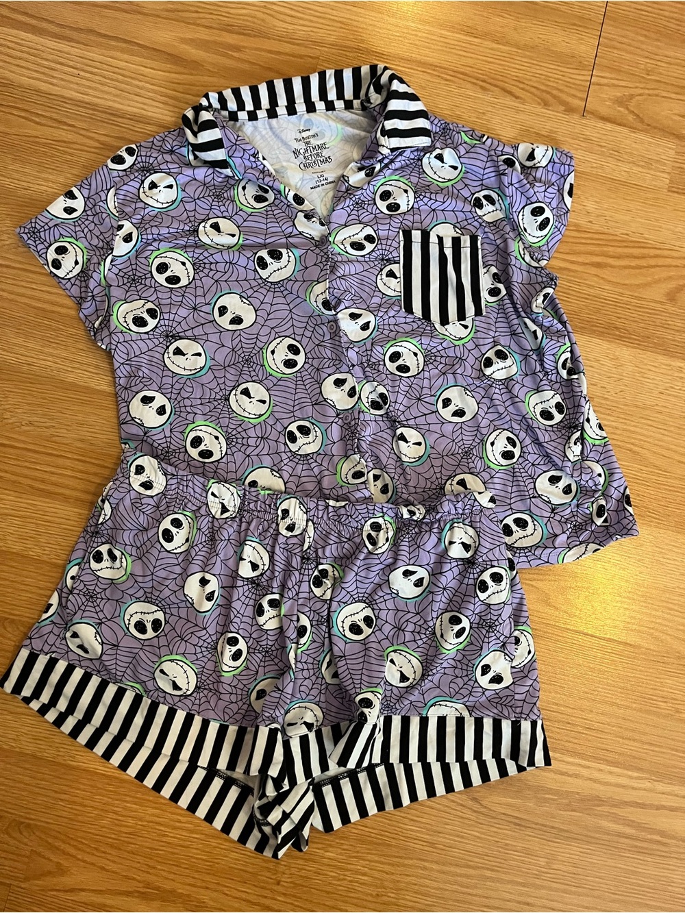 Disney Purple Skull-Print Kids Pajama Set with Black & White Stripe Trim